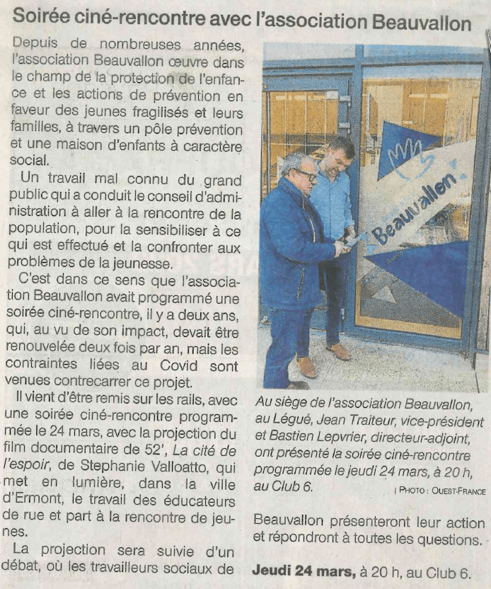 Ciné-rencontre / Article Ouest-France 18/03 + article Le Télégramme 21/03