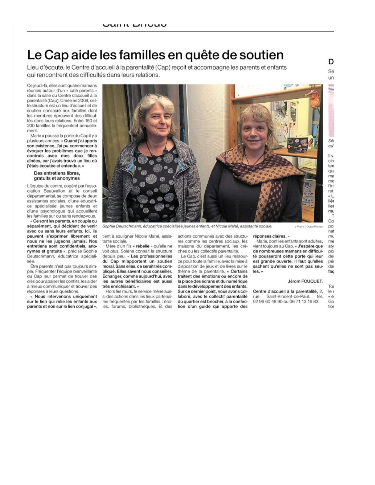 « Saint-Brieuc. Le Centre d’Accueil à la Parentalité accompagne les familles en quête de soutien » – Article Ouest-France 02/12/2022