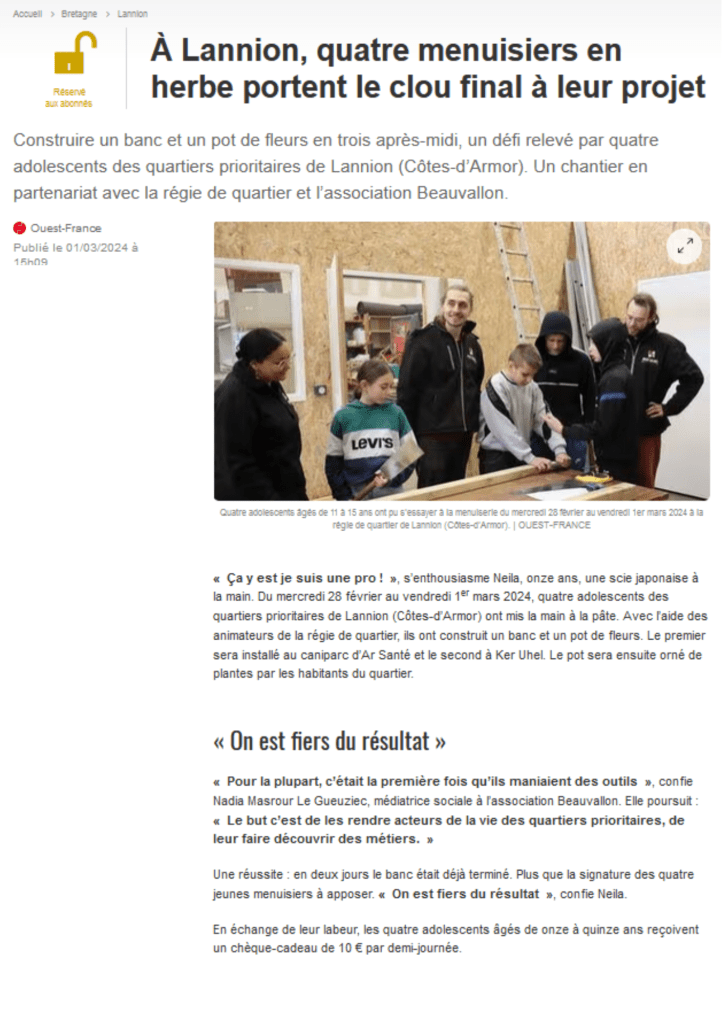 À Lannion, quatre menuisiers en herbe portent le clou final à leur projet _ Article Ouest-France 01/03/2024