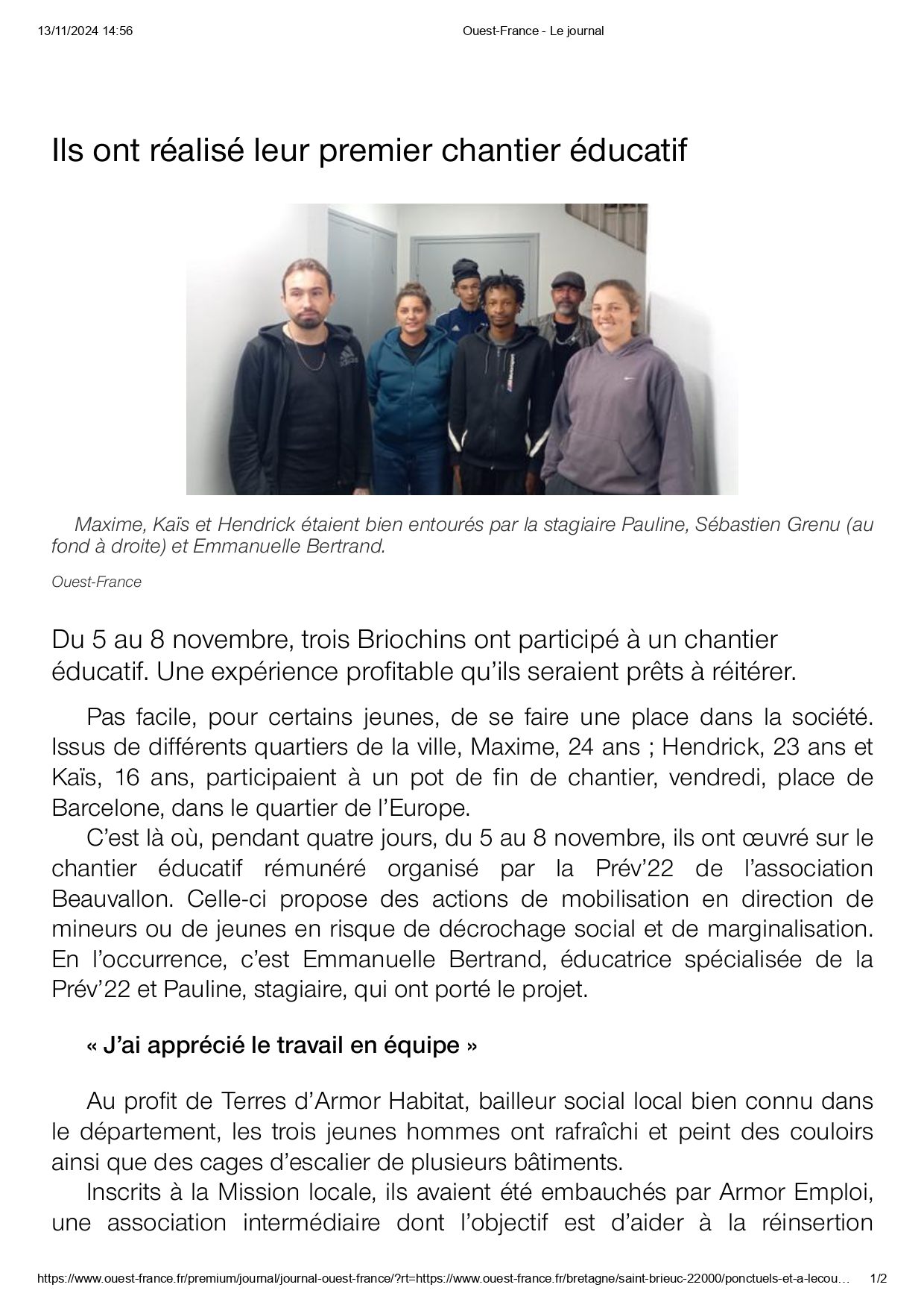 « 3 Briochins ont participé à un chantier éducatif de la Prév’22 » – Ouest-France 13/11/2024